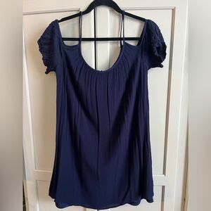 One Clothing Navy Blouse with Ruffled Sleeves